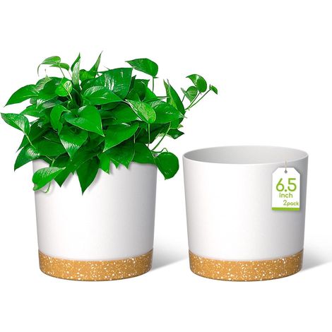 Pots de fleurs de 16,5 cm, jardinières modernes avec trous de drainage et soucoupe amovible, pots en plastique pour plantes d'intérieur, de jardin ou de rebord de fenêtre (blanc, lot de 2)