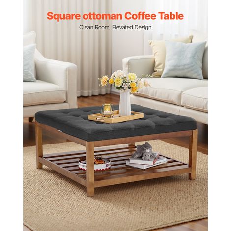 Grande table basse carrée capitonnée en lin, 875 mm, repose-pieds rembourré avec étagère de rangement en bois massif, capacité de p… (1/5)