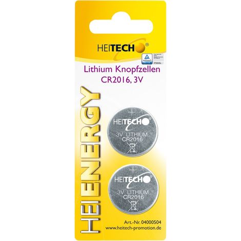 Heitech Lithium Knopfzellen, 2-er Pack, CR2016, 75 mAh, 3 V