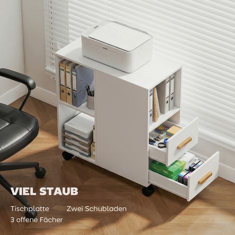 Support/table d'imprimante avec étagère ajustable, roulettes pour fax et scanner, 60 x 30 x 65 cm, blanc (1/4)
