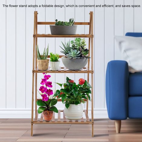 3-stöckiges Bambus-Aufbewahrungsregal für Balkon, faltbarer Blumentopfständer, Pflanzenregal (Holzfarbe) (1/5)