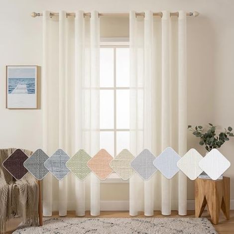 2er Set Voile Vorhang Sheer Leinenvorhang mit Ösen Transparente Leinen Optik Gardine Ösenschal Wohnzimmer Fensterschal Lichtdurchlässig Dekoschal Schlafzimmer 140x225cm (B x H) Hellbeige