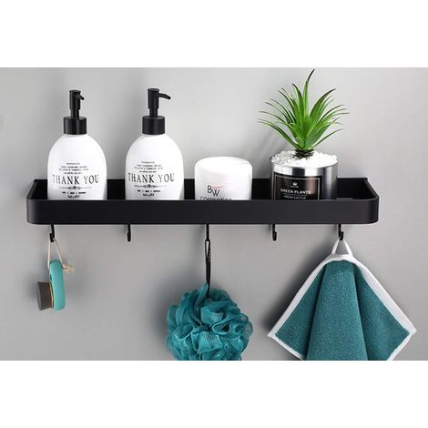 Estante flotante de metal para baño, de pared, negro, ahorra espacio, resistente al óxido, extrafuerte, con 5 ganchos (30 cm) (1/5)