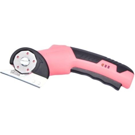 Ciseaux électriques pour tissus dotés d'un moteur puissant qui coupent facilement le tissu, le cuir, le carton et autres matériaux. Comprend un câble de chargement USB et une lame de rechange (rose). (1/5)