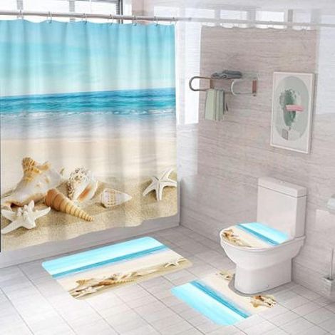 Ensemble rideau de douche en polyester imprimé numérique motif étoiles de mer et coquillages (1/5)