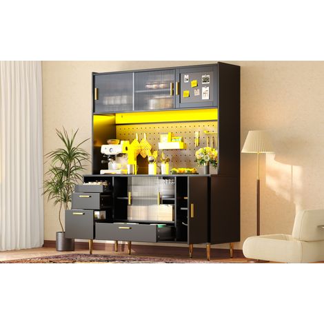 Aparador de cocina (140x40x180 cm), con iluminación LED, puertas correderas de vidrio, MDF negro (1/5)