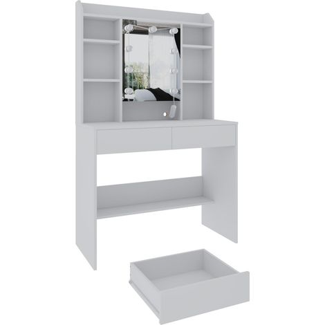 Toeletta Tavolino Trucco Tavolo Con 9 Luci LED Luminosità E Tonalità Regolabili Specchio 2 Cassetti 7 Vani A Giorno Mensole Regolabili Postazione Make Up In Legno Moderno 40 x 90 x 144.7 Cm Bianco