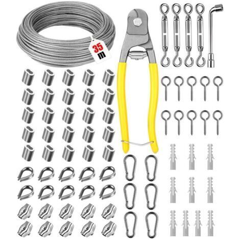 3mm 35m Corde en Acie Kit, Inoxydable 304 Câble en Acier, Suspendre fil à linge avec Tendeur Crochet, Cable Acier PVC Enrobage pour Plante Grimpante, Corde a Linge, Suspension Lumineuse (1/5)