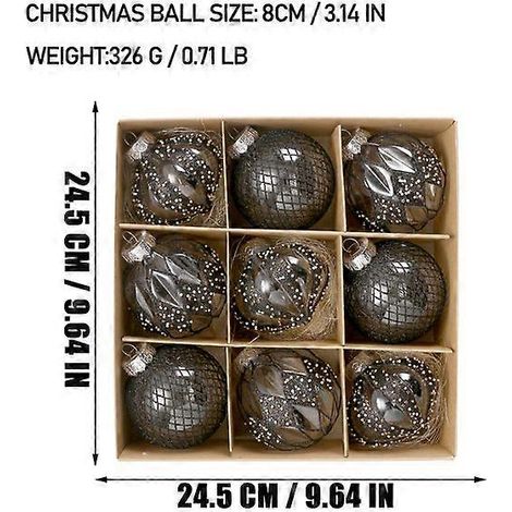Lot de 9 boules de Noël multicolores de 9 cm pour sapin, à suspendre pour Noël et le Nouvel An (noir). (1/5)