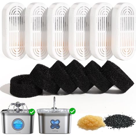 6 Packs Filtre, Charbon Actif, Éponge, Acier Inoxydable, Fontaine Eau Chat FN-W22