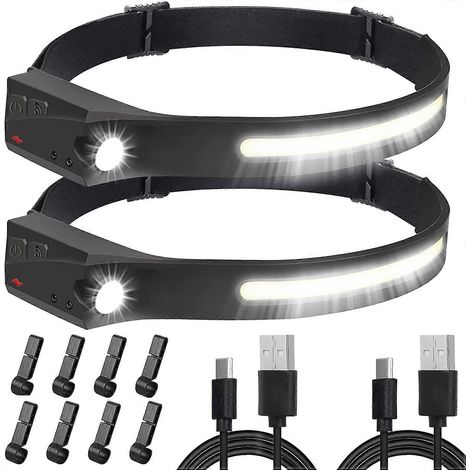 Lampe frontale, lot de 2 lampes frontales LED ultra-lumineuses à détecteur de mouvement, 350 lumens, 6 modes, rechargeables par USB, idéales pour le camping, la pêche, le jogging et la randonnée. (1/5)