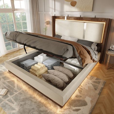 Lit double 140x190 cm capitonné lin beige noyer, sommier à lattes, éclairage LED, coffre rangement hydraulique (sans matelas) (1/5)