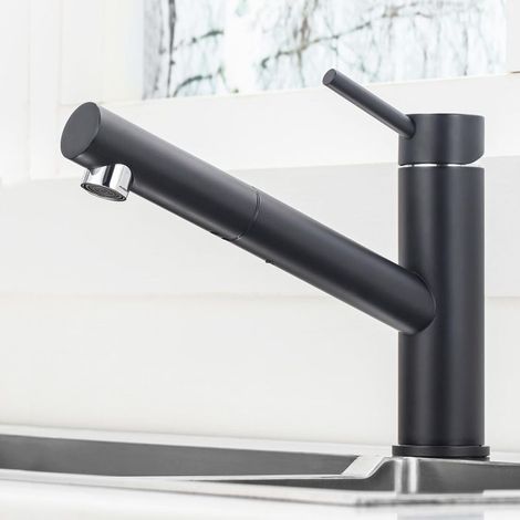 Robinet de Cuisine avec Douchette Extractible, Mitigeur Bec Pivotant à 150° pour Evier, Robinetterie en Acier Inoxydable, Robinet Eau Froide et Chaude, Mousseur Démontable, Noir (1/5)