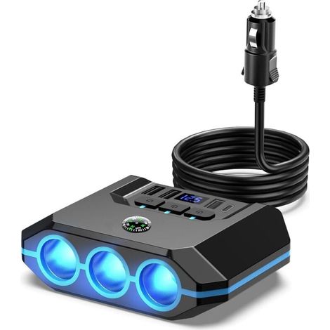 Chargeur allume-cigare USB-C 7 en 1, 120 W, 4 ports, multiprise, 12 V/24 V, avec écran LED, pour tablette et téléphone. XXW (1/4)
