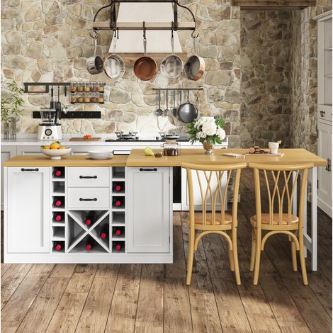 Îlot de cuisine 223x40x73,8 cm en bois blanc, gain de place pour cuisine FloraGrace (1/5)