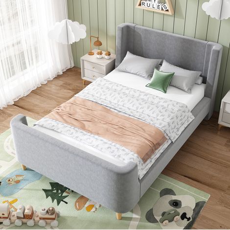 Letto imbottito bambini 90x200 cm con motivo cosmico, rete a doghe, velluto grigio, senza materasso (1/5)