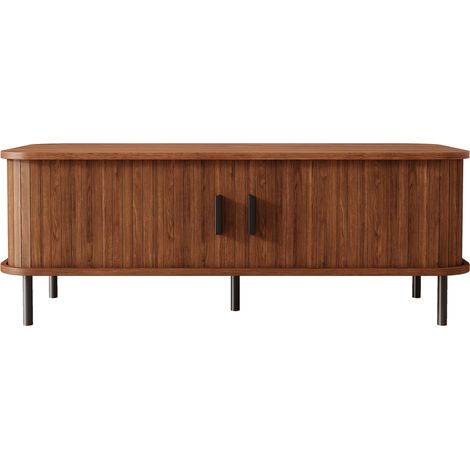 Mesa de centro rectangular de MDF y tablero melaminizado con puertas correderas, nogal (1/5)