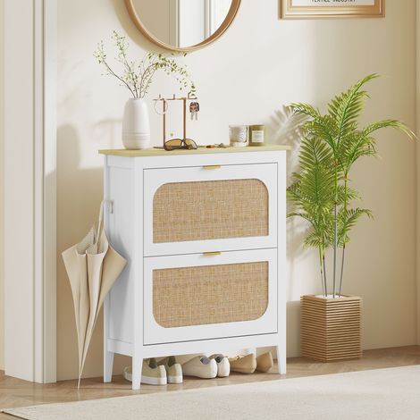 Scarpiera stretta con 2 ante in rattan, ripiani regolabili per 14 paia di scarpe, 80x24x95,5 cm, bianca.