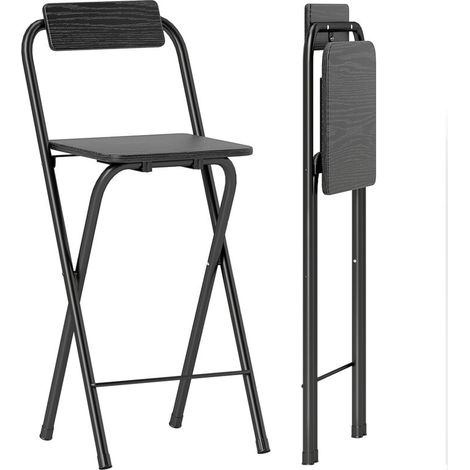Lot de 2 tabourets de bar pliables noirs, 87 cm, avec dossier et repose-pieds, cadre en acier robuste, idéal pour cuisine ou espace extérieur. (1/5)