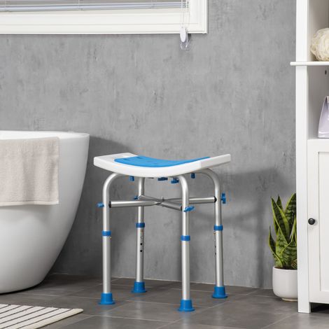 Tabouret de douche chaise de douche - assise rembourré et réglable. patins à ventouses antidérapants. en aluminium bleu