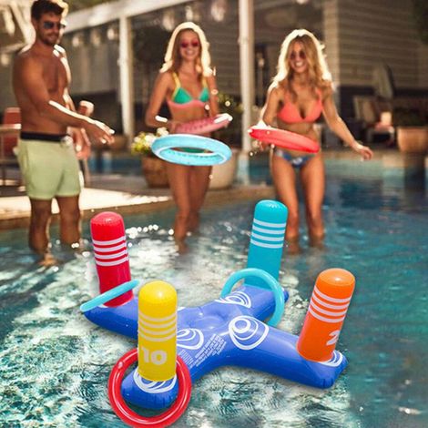 Jeu de lancer d'anneaux gonflables pour piscine, comprenant 4 anneaux et une pompe à air, pour des jeux aquatiques interactifs. (1/5)