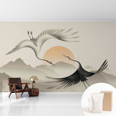 Papier peint intissé mural pour salon chambre à coucher tendance et originale - Colle incluse gratuite Grues de l'Est 416x254 cm (1/5)