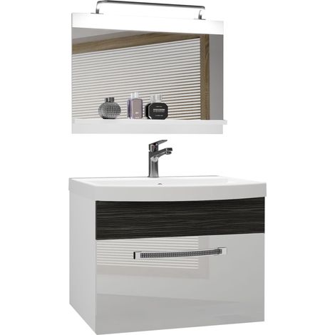 BELINI Meuble de Salle de Bain  Lavabo Inclus, Meuble sous-Vasque et Miroir de Salle de Bains  Largeur: 60 cm  Kit d'éclairage Inclus  Couleur : Blanc très Brillant/ébène Royal (1/5)