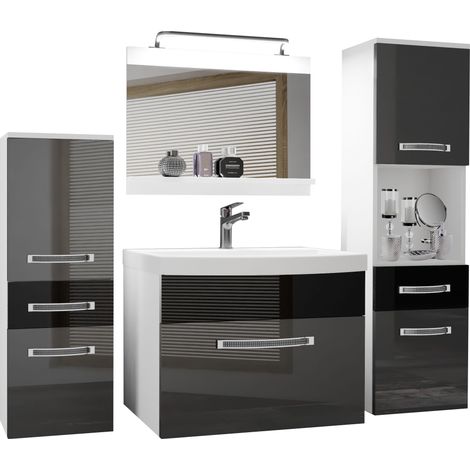 Belini Badezimmer Badmöbel Set mit Waschbecken Unterschrank Waschtisch Spiegel Lampe Möbel Silber/Schwarz Glänzend