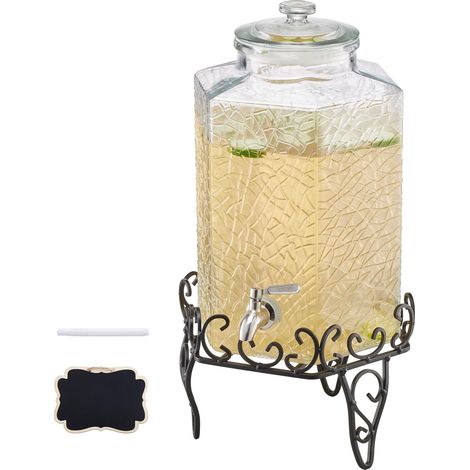 VEVOR Distributore di Bevande, 1 Pezzo da 10 L, Contenitore di Succhi in Vetro con Supporto in Metallo, Rubinetto in Acciaio Inox, Infusore, Distributore di Te Freddo, Limonata, per Feste (1/5)