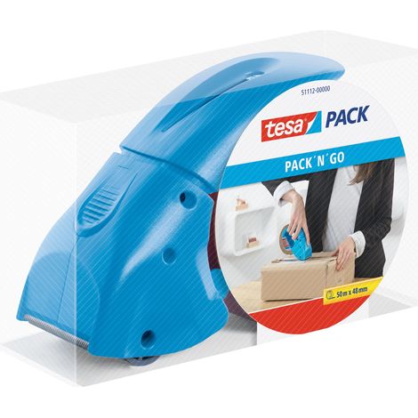 tesapack Distributeur Pack' n' Go - Distributeur manuel ergonomique bleu pour ruban adhésif pour colis - Comprend un ruban adhésif de 50 m x 48 mm (1/5)