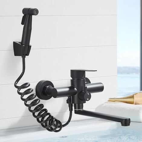 Mitigeur Robinet Cuisine Noir avec Pistolet Douchette Bec 23 cm Pivotant à 360° Robinet Mélangeur Mural pour Évier Acier Inoxydable (1/5)