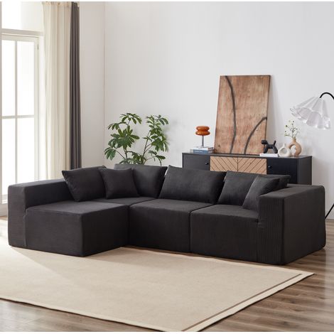 Canapé d’angle modulaire en L 4 pièces, velours côtelé, mousse, sans montage, pour salon ou chambre, noir (1/5)