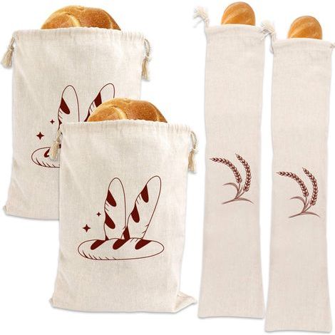 Juego de 4 bolsas de lino para pan casero, sin blanquear, reutilizables, para baguettes. (1/5)