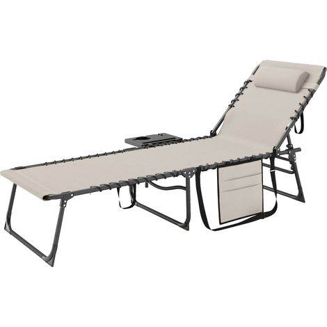 Sdraio reclinabile 5 livelli con tavolino laterale e tasca, crema, 60x190x31 cm