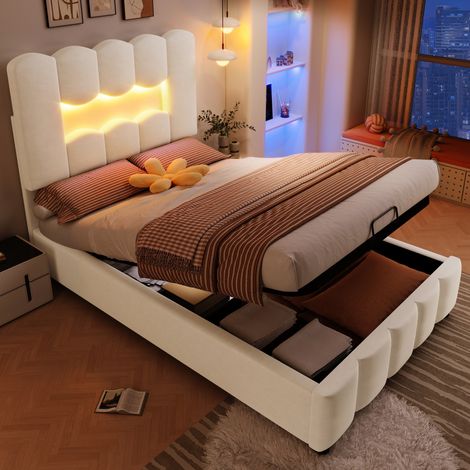 Cama dormitorio con almacenamiento LED beige 90x200 OKMYHOME (1/5)