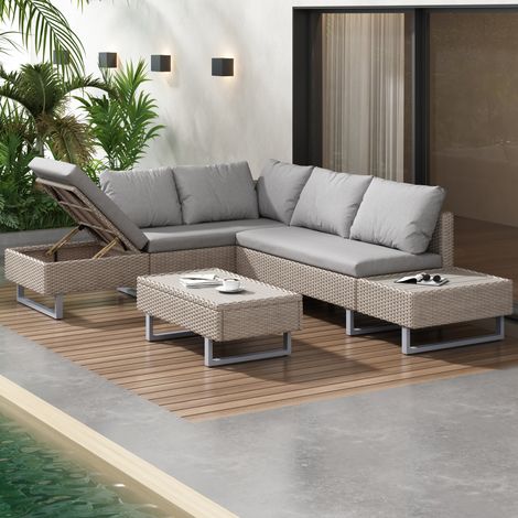 Mobilier d'extérieur pour terrasse en PE rotin kaki, structure métal, salon modulable 4 à 5 places avec fauteuil relax réglable (1/5)