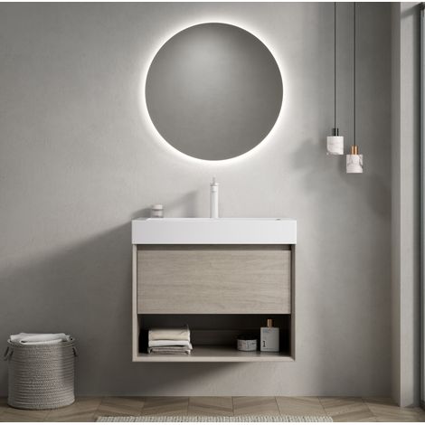 Meuble de salle de bain suspendu 70 cm, vasque en résine, tiroir, étagère, chêne clair OKMYHOME (1/5)