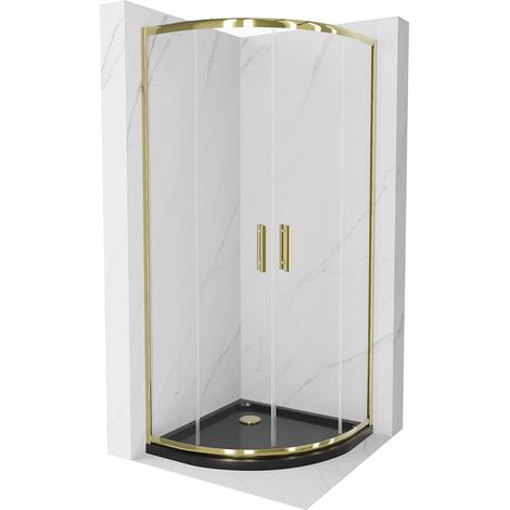 Mexen Rio halbrunde Duschkabine 90 x 90 cm, Transparent, Gold + Duschwanne Flat, Schwarz - 863-090-0