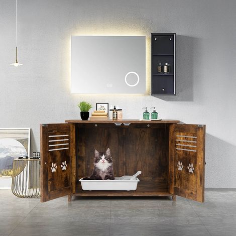 Maison de Toilette pour Chat Double Porte, 70 x 51,5 x 50 cm Trous d’Aérations sur Côté Brun Rustique (1/2)