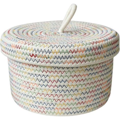 Panier de rangement rond en corde de coton tressée avec couvercle, boîte de rangement décorative blanche, idéal pour organiser la maison.