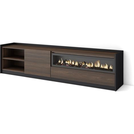 Skraut Home - Mueble TV, Televisión, 207x37x50cm, Para TV hasta 80", Chimenea eléctrica, Roble oscuro y Negro (1/5)