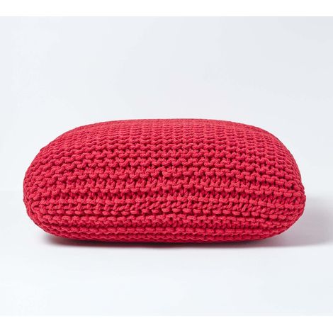HOMESCAPES Red Square Cotton Knitted Pouffe Floor Cushion (1/5)