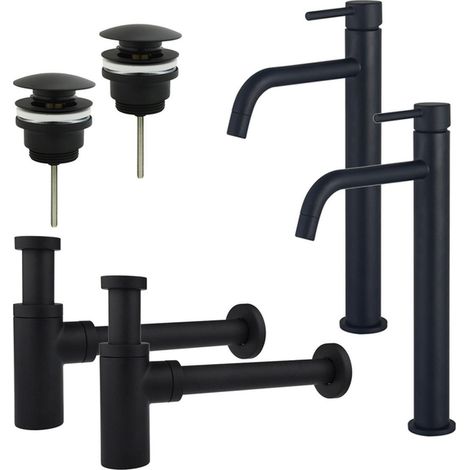 FugaFlow Eccelente Sobrado Slim Kit robinet lavabo - pour double vasque - robinet rehaussé - bonde clic clac - siphon design - Noir mat (1/4)