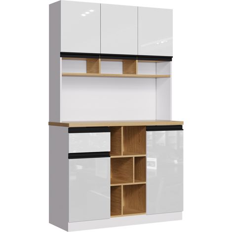Moderner Küchenbuffetschrank Weiß 105 x 45 x 185 cm mit Hochglanztüren, Schubladen und Regalen (1/5)