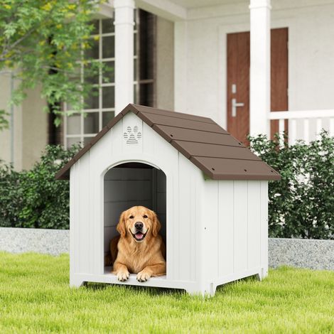 Caseta para Perros Exterior Casa para Perros Extragrandes de Plástico con 2 Ventanas Base Elevada Estacas Marrón Oscuro (1/5)
