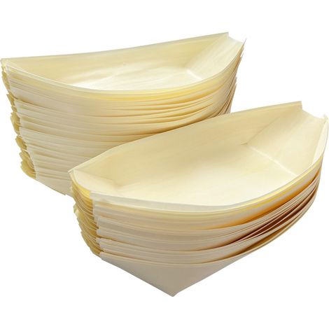 Set aus 50 flachen, bootsförmigen Holztellern, Partytellern, Holztabletts für Snacks, Sushi, Obst usw.