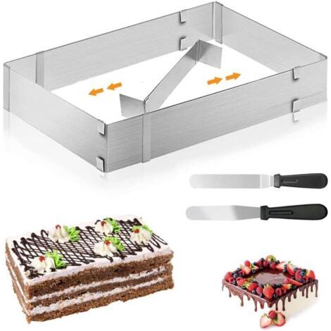 Cadre à pâtisserie rectangulaire réglable avec 2 lames lisseuses ajustables – Moule à gâteau carré et rectangulaire pour tartes, gâteaux petits et grands – Idéal pour la pâtisserie maison