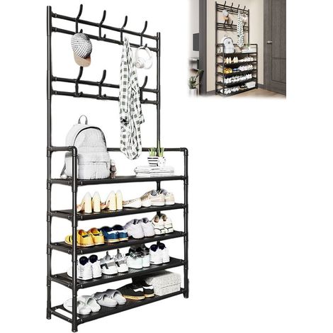 Meuble d’Entrée - Porte-manteau - Vestiaire - Avec Crochets - Miroir - Banc à Chaussures et Étagères - 80 x 26 x 172 cm - Pour Entrée, Couloir, Chambre, Salon -Noir (1/5)