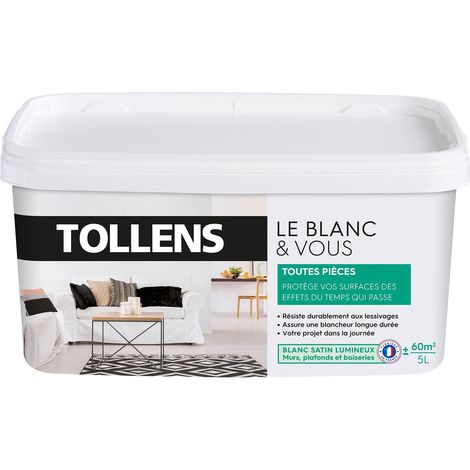 Tollens – Peinture acrylique satinée blanche 5L – Résistance aux chocs et lessivages – Opacité renforcée – Pour murs, plafonds et boiseries – Rendement 60m²