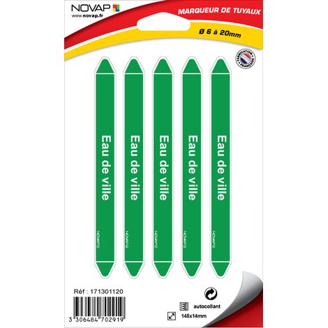 Planche de 5 marqueurs de tuyauterie 145 x 14 mm pour Ø 6 à 20 mm - Eau de ville - 4702919